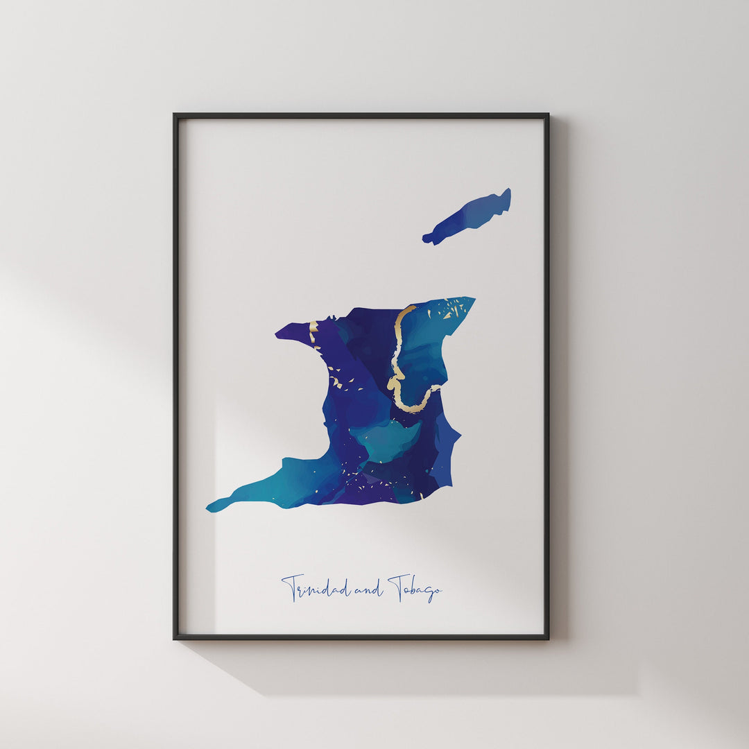 Trinidad and Tobago Map Blue and Gold Wall Art Print