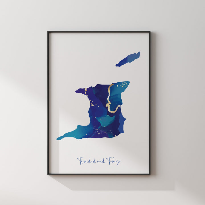Trinidad and Tobago Map Blue and Gold Wall Art Print