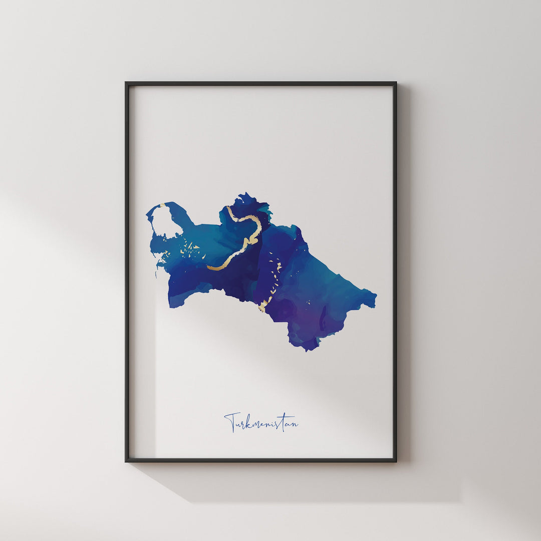 Turkmenistan Map Blue and Gold Wall Art Print
