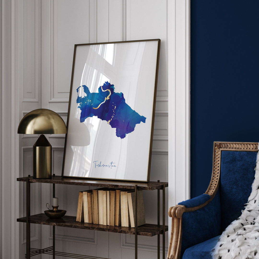 Turkmenistan Map Blue and Gold Wall Art Print