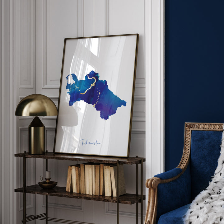 Turkmenistan Map Blue and Gold Wall Art Print