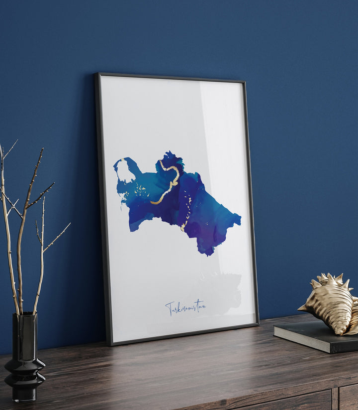 Turkmenistan Map Blue and Gold Wall Art Print