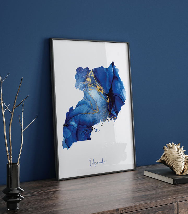 Uganda Map Blue and Gold Wall Art Print