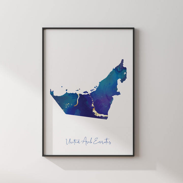 United Arab Emirates Map Blue and Gold Wall Art Print UAE