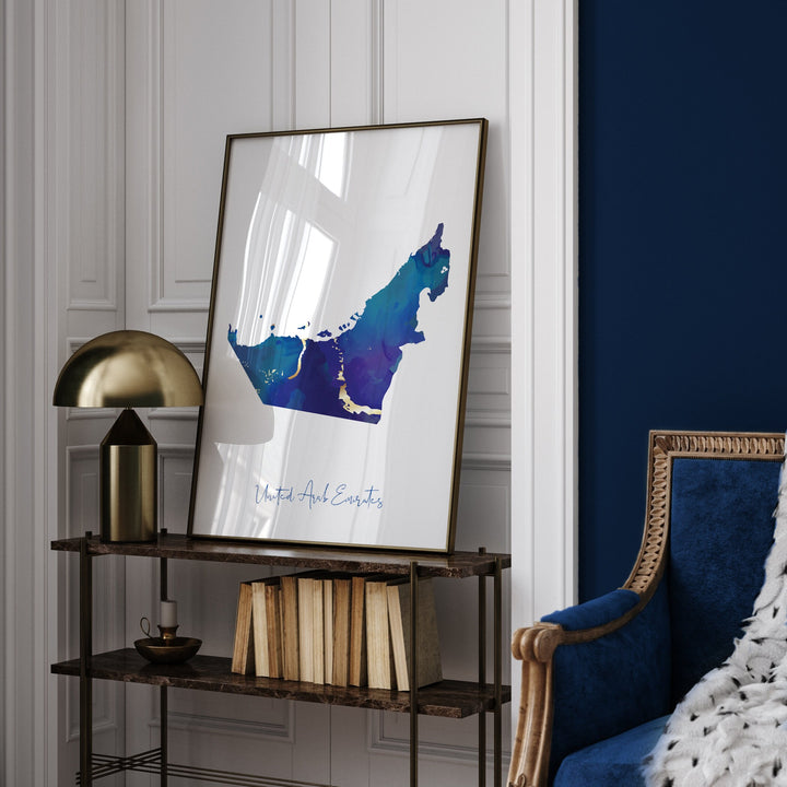 United Arab Emirates Map Blue and Gold Wall Art Print UAE