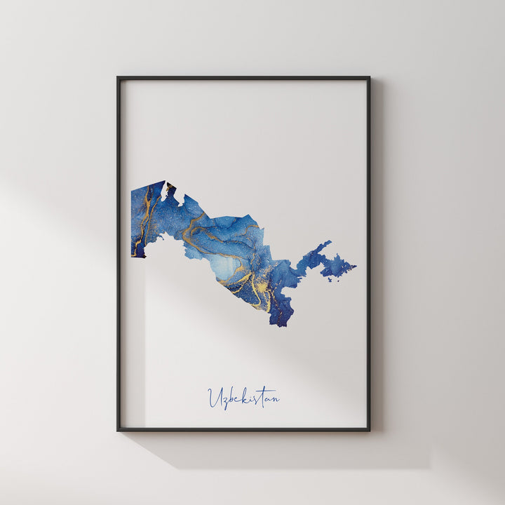 Uzbekistan Map Blue and Gold Wall Art Print
