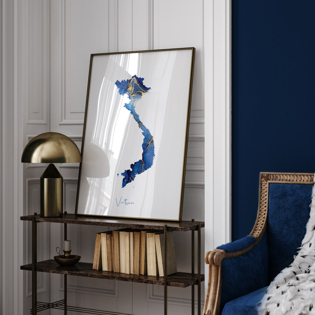 Vietnam Map Blue and Gold Wall Art Print