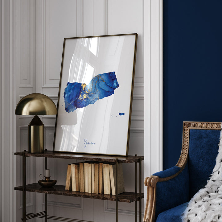 Yemen Map Blue and Gold Wall Art Print