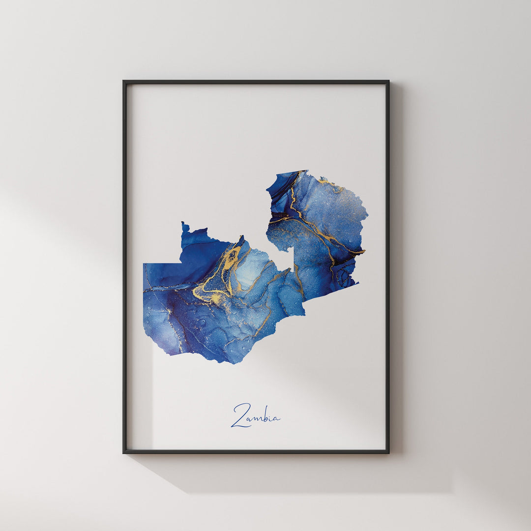 Zambia Map Blue and Gold Wall Art Print