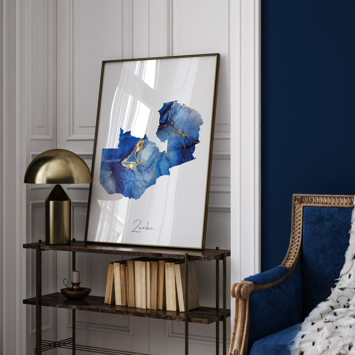 Zambia Map Blue and Gold Wall Art Print