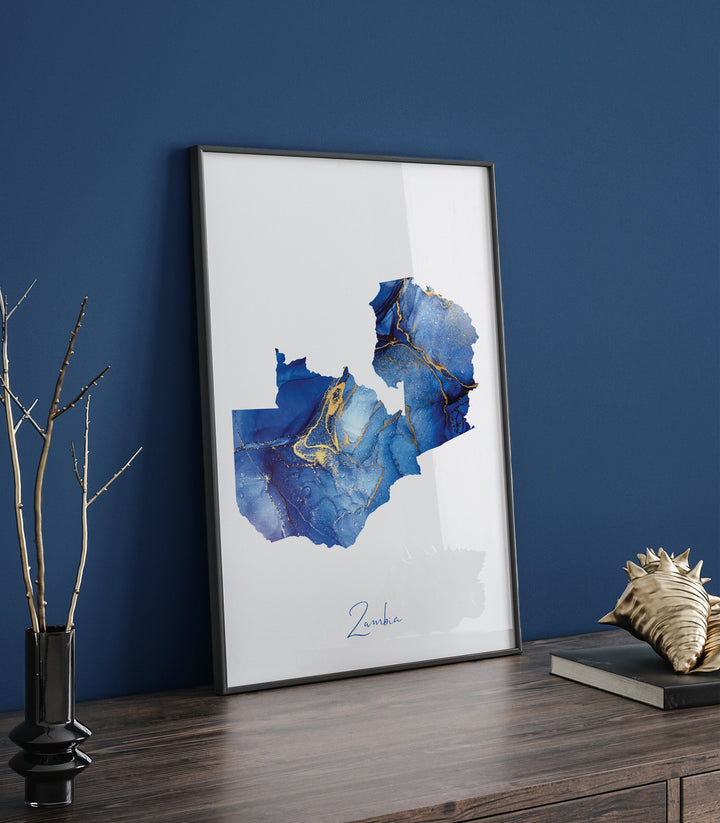Zambia Map Blue and Gold Wall Art Print