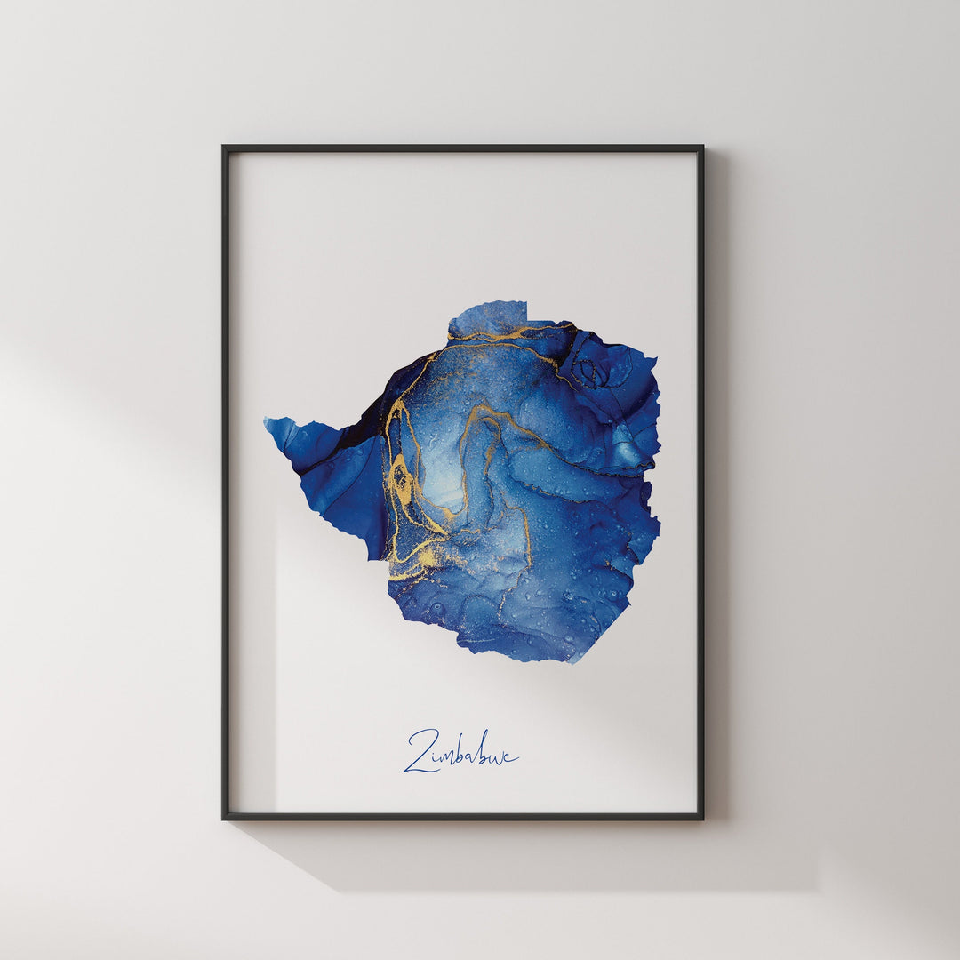 Zimbabwe Map Blue and Gold Wall Art Print