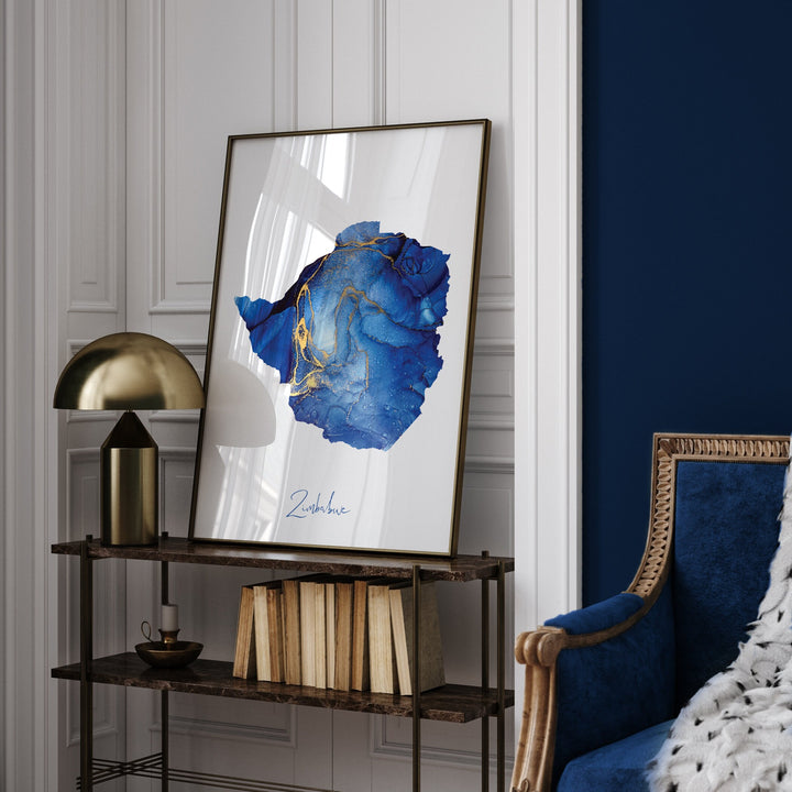 Zimbabwe Map Blue and Gold Wall Art Print