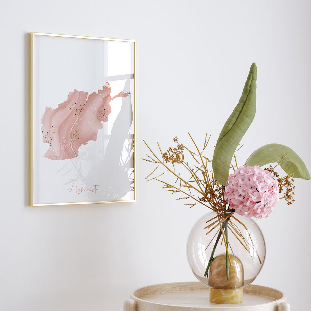 Afghanistan Map Pink and Gold Wall Art Print