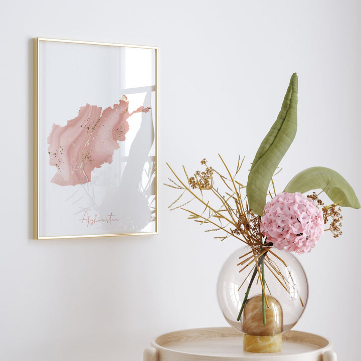 Afghanistan Map Pink and Gold Wall Art Print