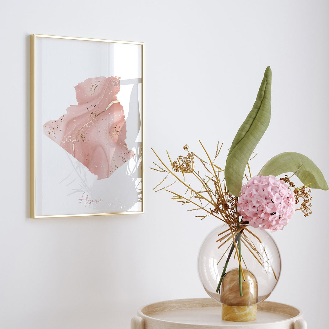 Algeria Map Pink and Gold Wall Art Print