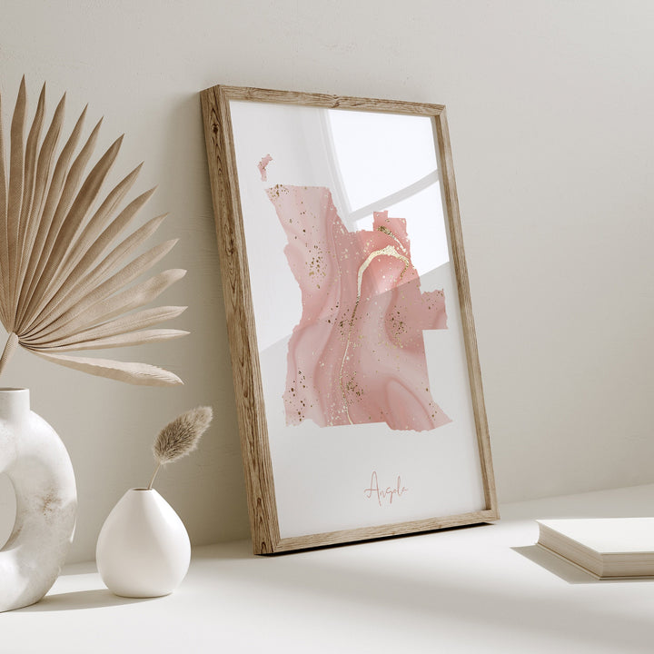 Angola Map Pink and Gold Wall Art Print