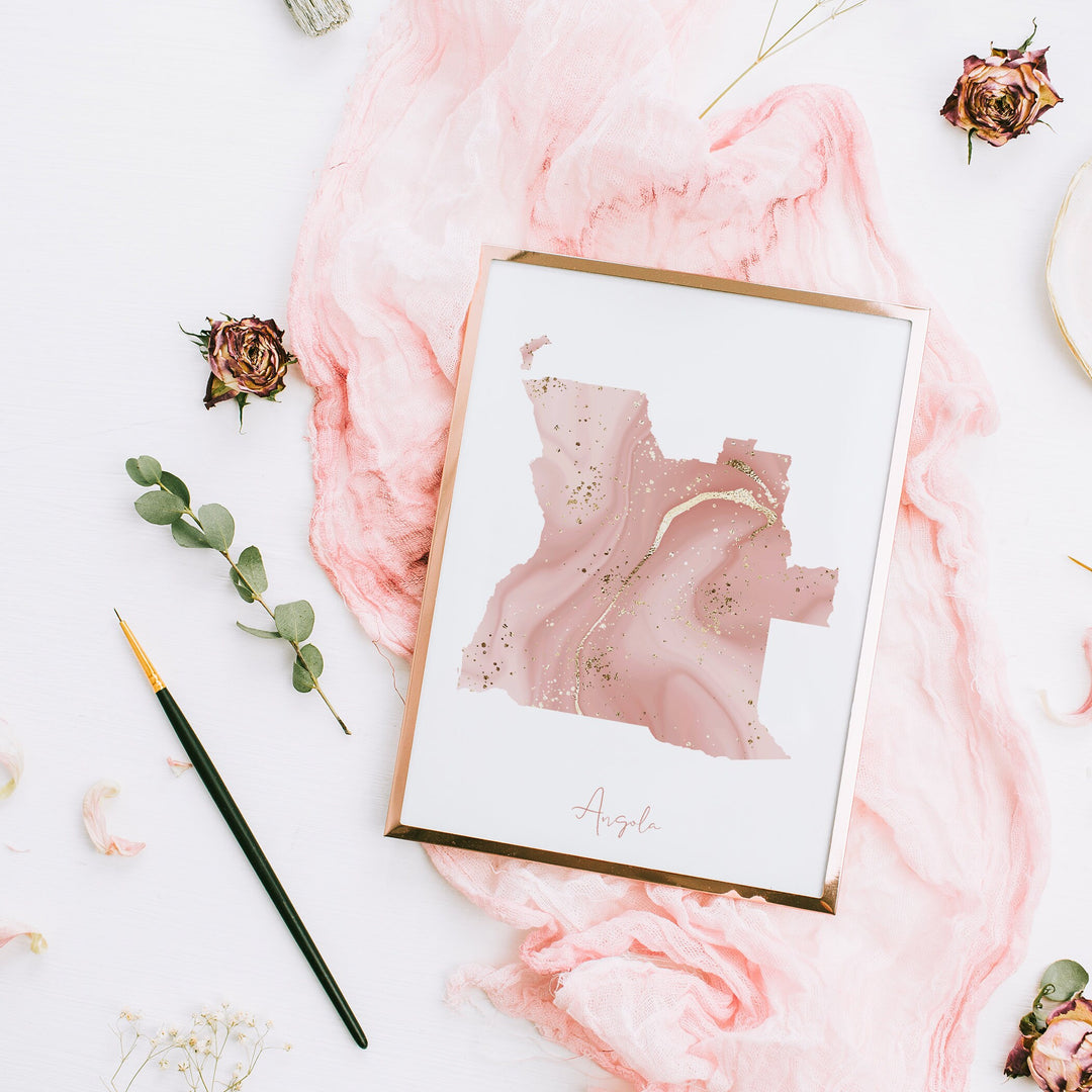 Angola Map Pink and Gold Wall Art Print