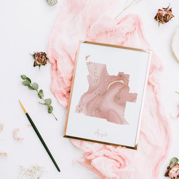 Angola Map Pink and Gold Wall Art Print