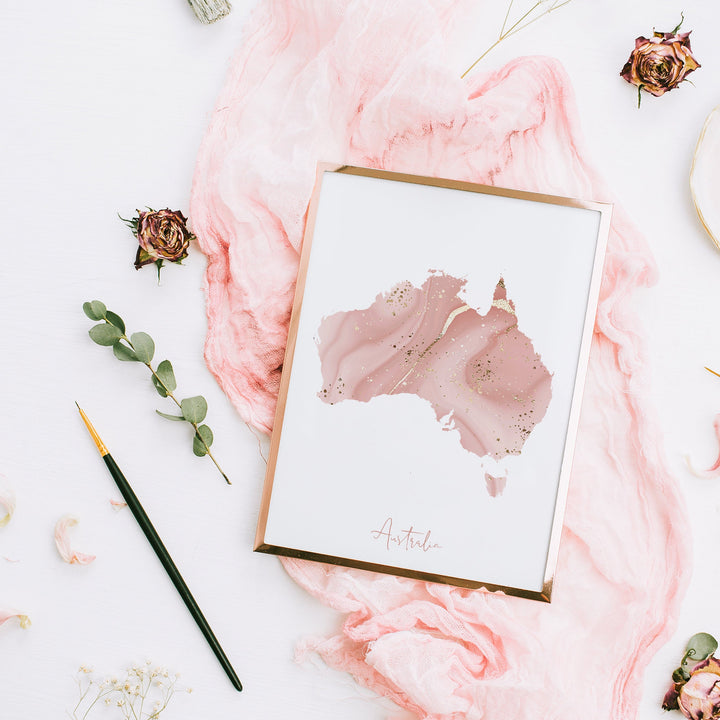 Australia Map Pink and Gold Wall Art Print