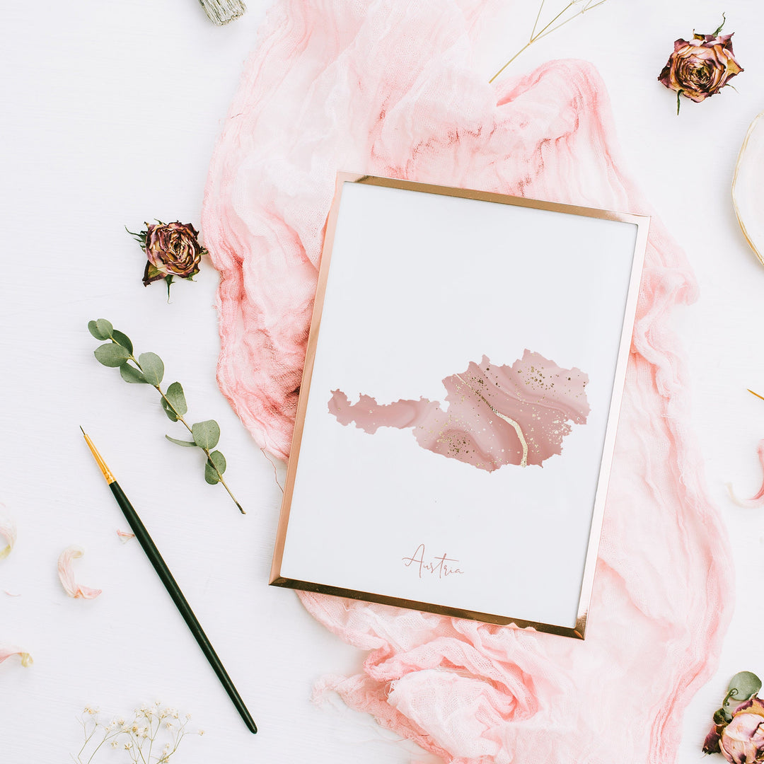 Austria Map Pink and Gold Wall Art Print