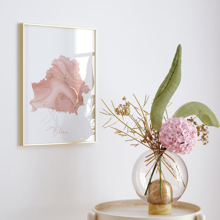 Belarus Map Pink and Gold Wall Art Print