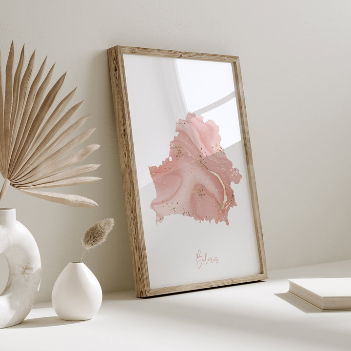 Belarus Map Pink and Gold Wall Art Print