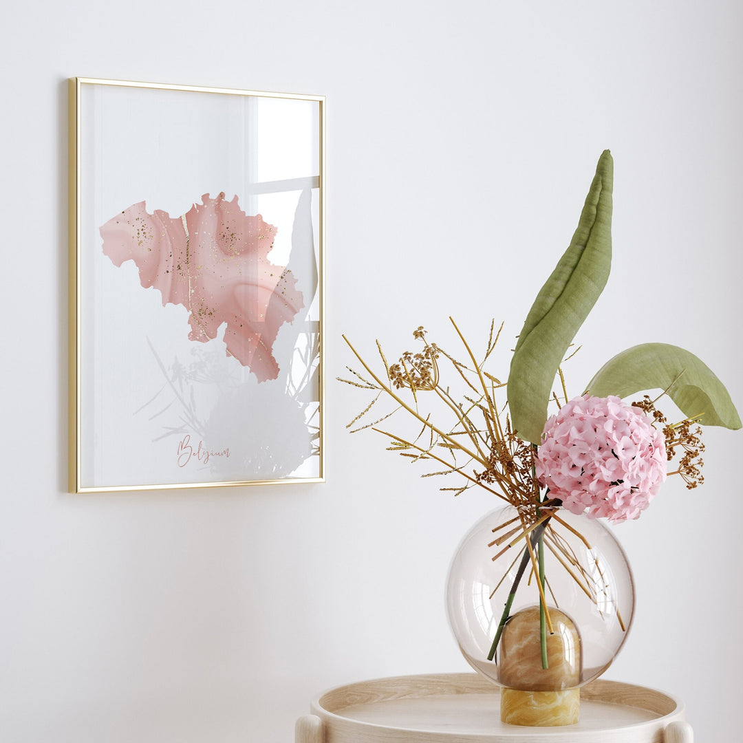 Belgium Map Pink and Gold Wall Art Print