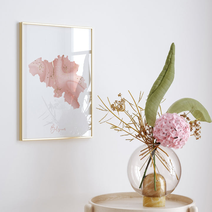 Belgium Map Pink and Gold Wall Art Print