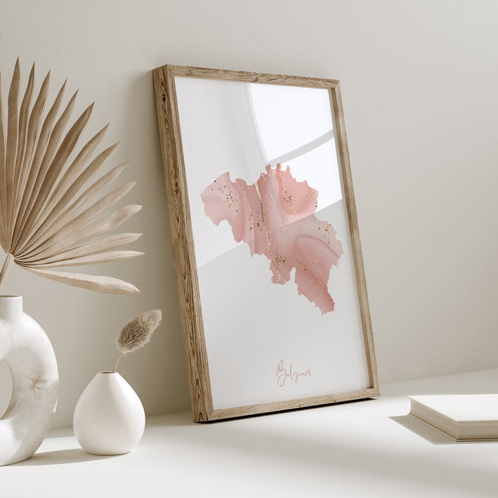 Belgium Map Pink and Gold Wall Art Print