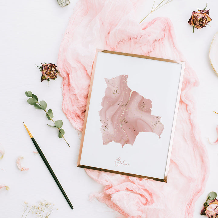 Bolivia Map Pink and Gold Wall Art Print
