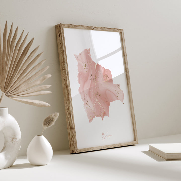 Bolivia Map Pink and Gold Wall Art Print