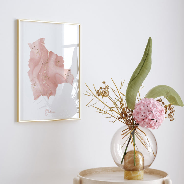 Bolivia Map Pink and Gold Wall Art Print