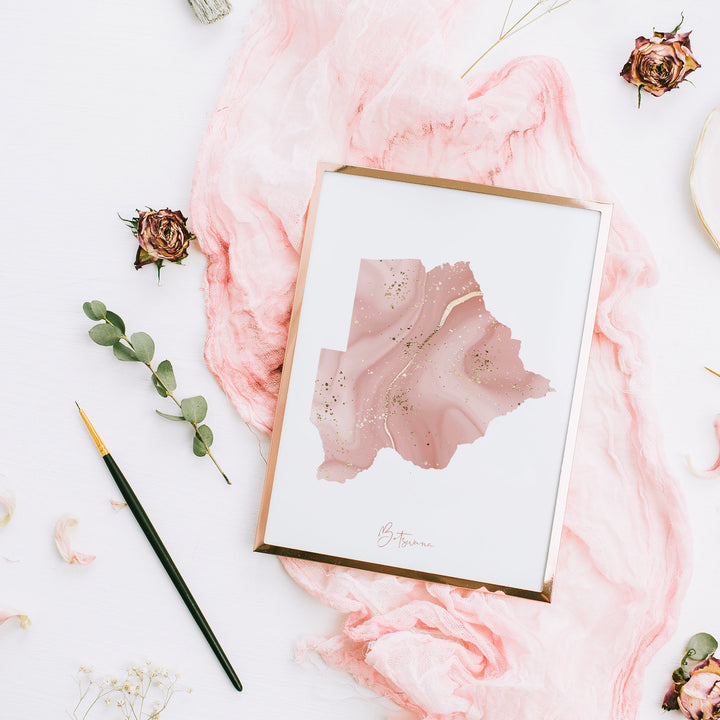 Botswana Map Pink and Gold Wall Art Print