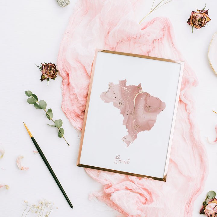 Brazil Map Pink and Gold Wall Art Print