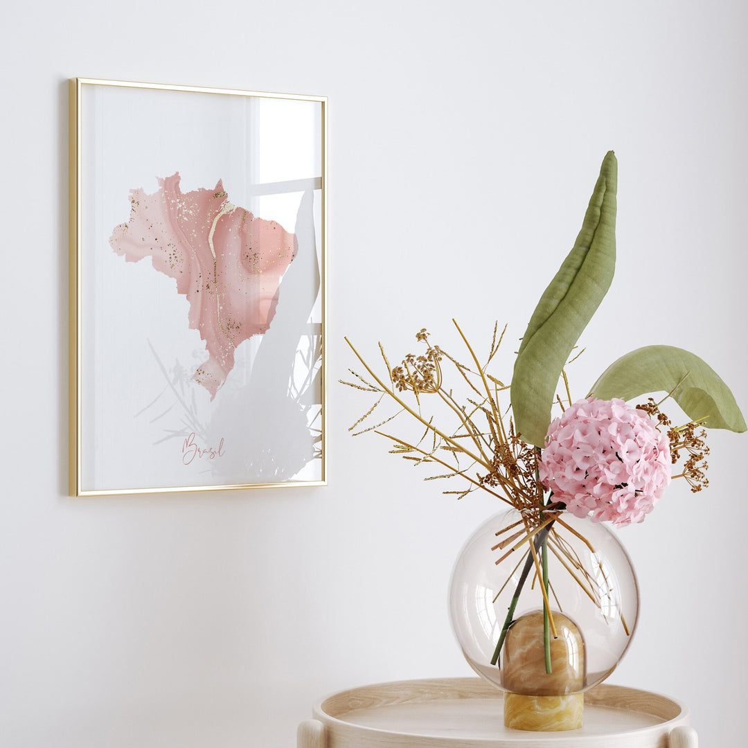 Brazil Map Pink and Gold Wall Art Print