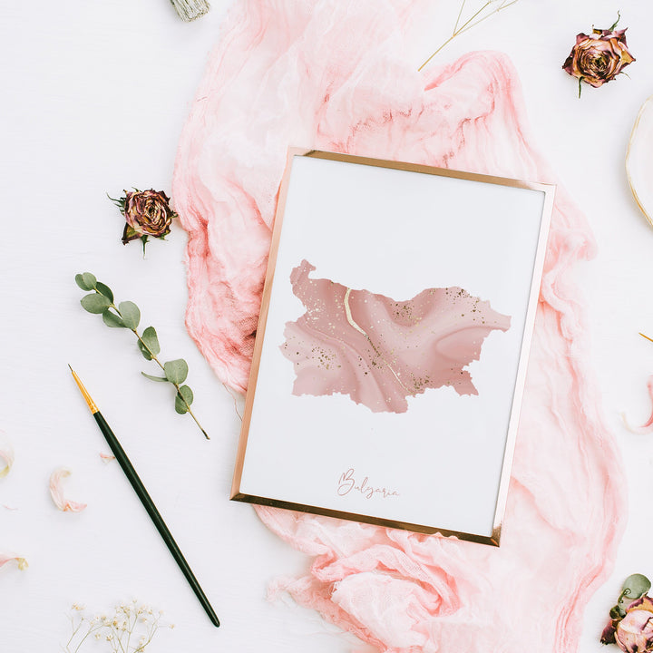 Bulgaria Map Pink and Gold Wall Art Print