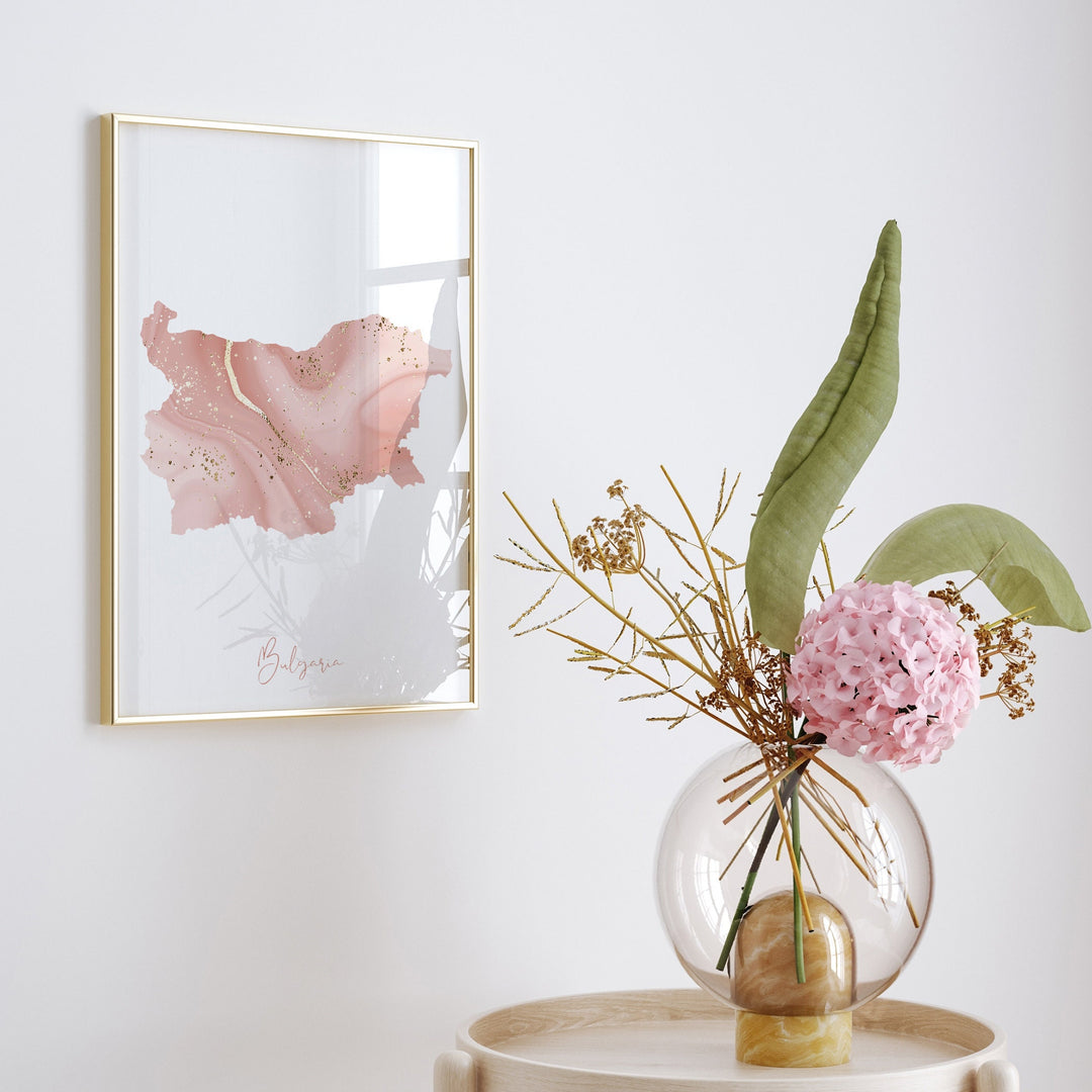 Bulgaria Map Pink and Gold Wall Art Print
