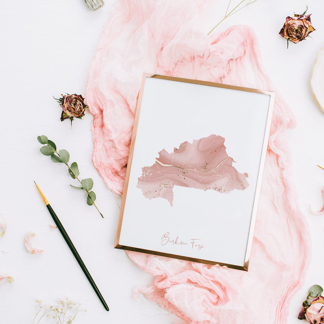 Burkina Faso Map Pink and Gold Wall Art Print