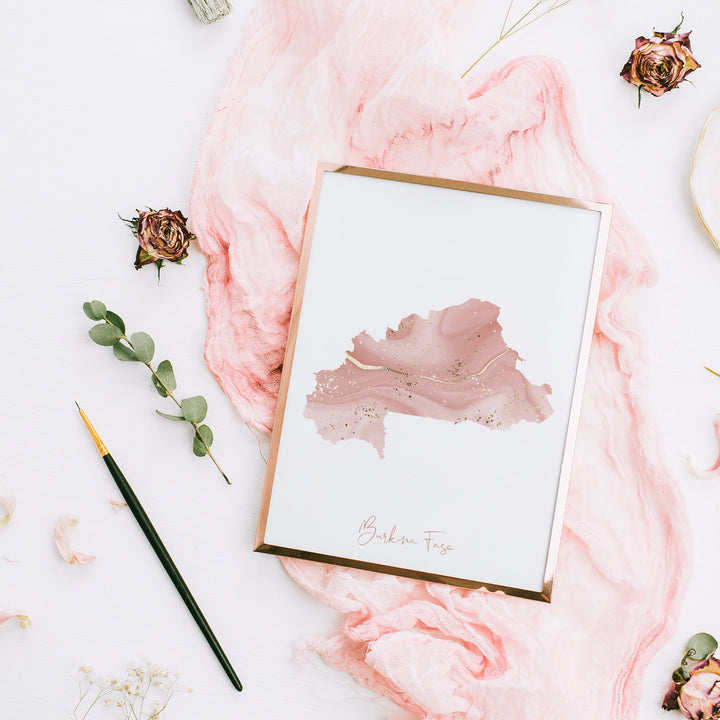 Burkina Faso Map Pink and Gold Wall Art Print