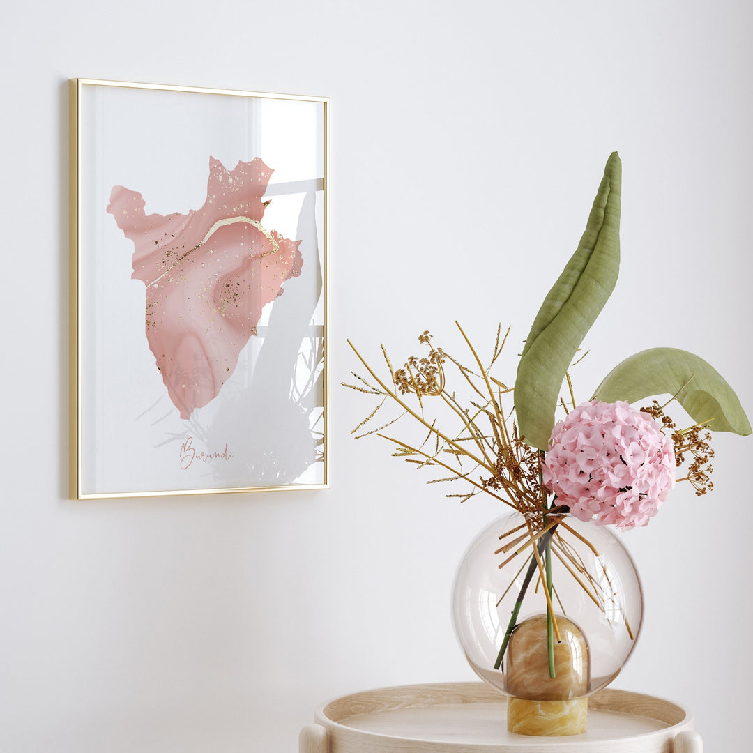 Burundi Map Pink and Gold Wall Art Print
