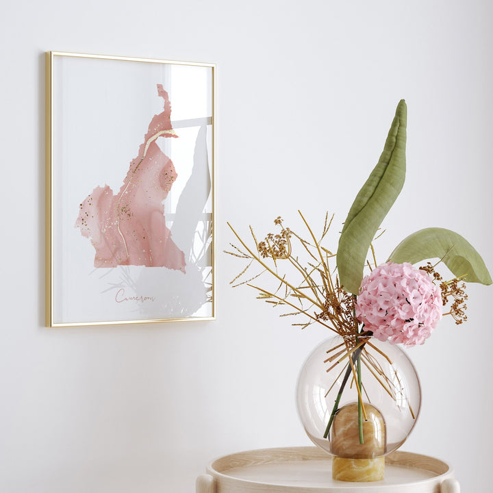 Cameroon Map Pink and Gold Wall Art Print