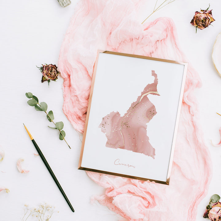 Cameroon Map Pink and Gold Wall Art Print