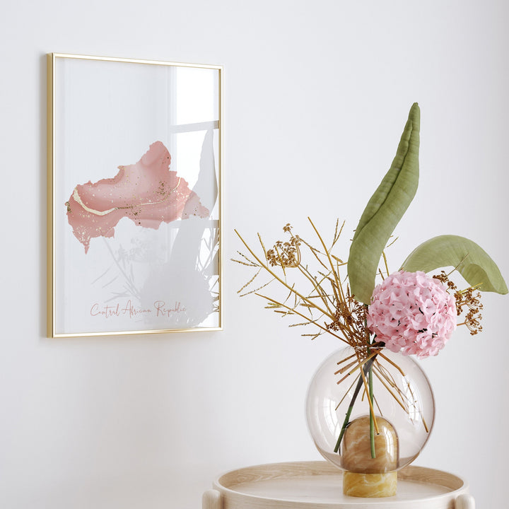 Central African Republic Map Pink and Gold Wall Art Print