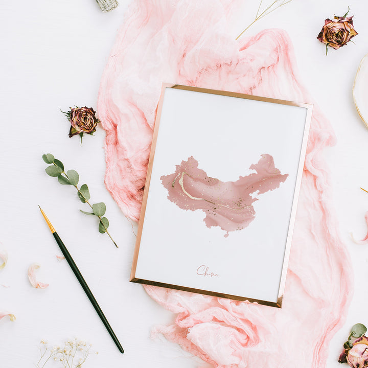 China Map Pink and Gold Wall Art Print