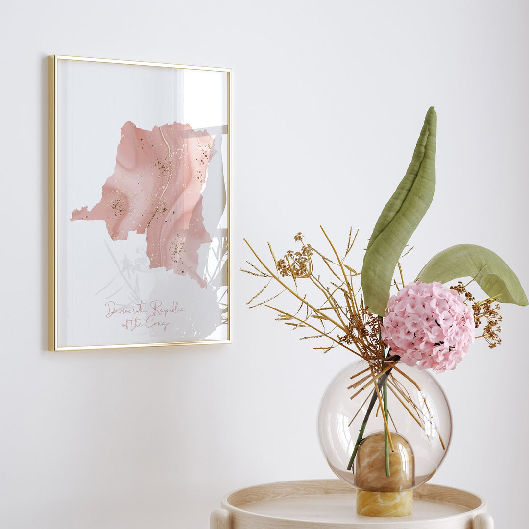 Congo Map Pink and Gold Wall Art Print