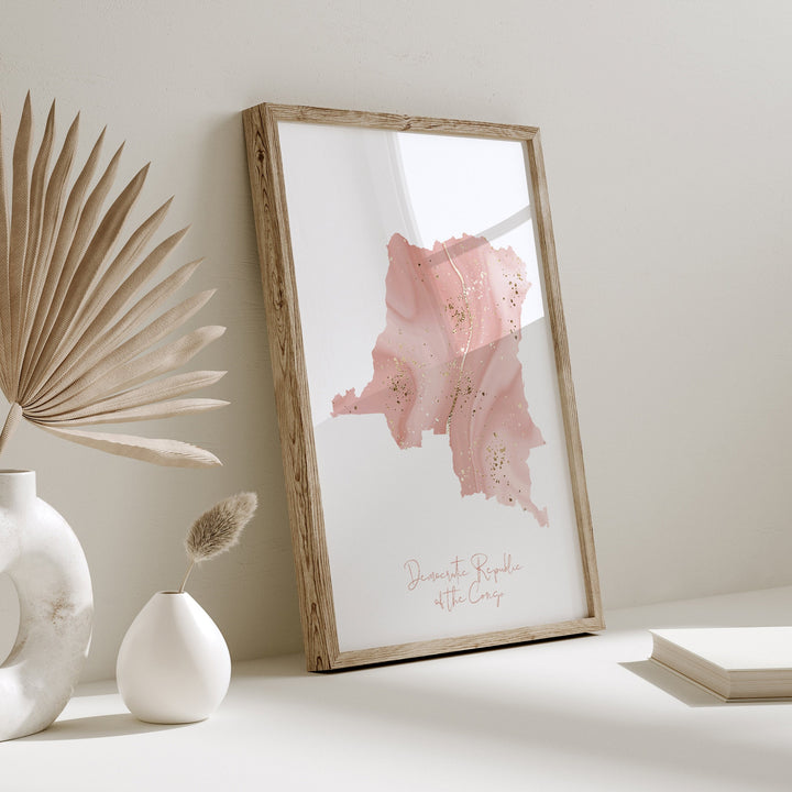 Congo Map Pink and Gold Wall Art Print