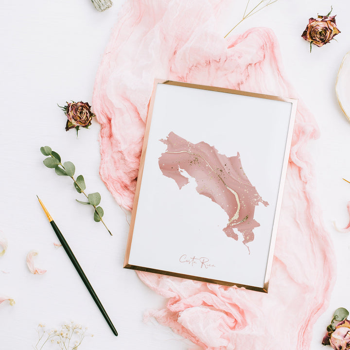 Costa Rica Map Pink and Gold Wall Art Print