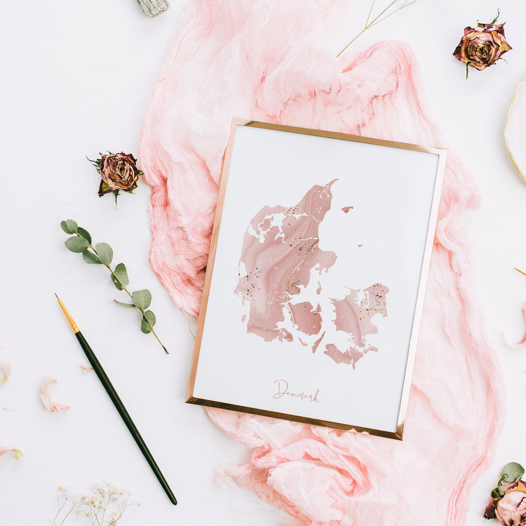 Denmark Map Pink and Gold Wall Art Print