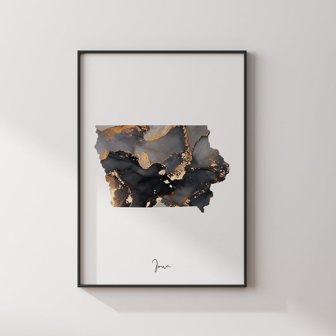 Iowa Map Black & Gold Wall Art Print US State